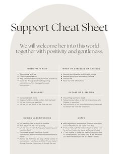 a white and black poster with the words support cheat sheet written in red on it