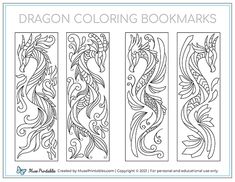 the dragon coloring bookmarks are designed to look like intricate designs