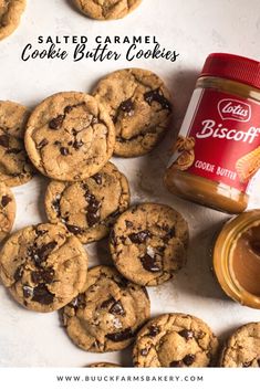 salted caramel cookie butter cookies next to a jar of peanut butter and chocolate chip cookies