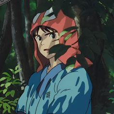 an anime character standing in the woods