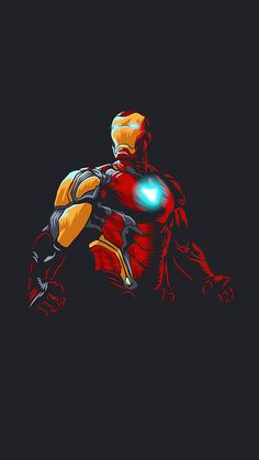 an iron man with glowing armor on his chest and arms, standing in front of a black background