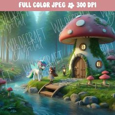 an image of a mushroom house with a unicorn standing in front of it and the words, full color jpegs $ 300ppi