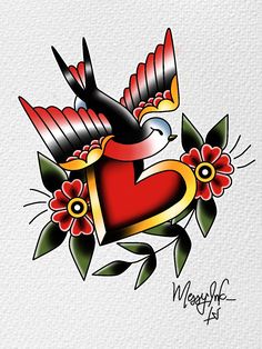 a bird with a heart and flowers on it's wings is depicted in this tattoo design