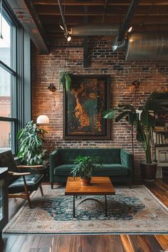 a living room filled with furniture and lots of plants on top of a wooden floor