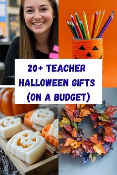 two pictures with pumpkins, candles and other items for the halloween gifts on a budget