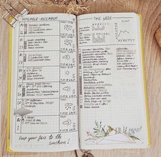 an open notebook sitting on top of a wooden table