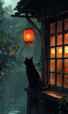 a cat sitting on a window sill in the rain looking out at an orange lantern