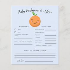 an orange with a smile on it's face is shown in this baby dedication and advice card