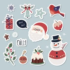 christmas stickers with santa claus, snowman and other holiday related items on a blue background