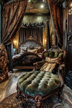 an ornate bedroom with green velvet upholstered furniture