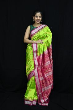 Exclusive hand-woven Bomkai silk saree with birds pattern. This is a double Ikkat saree from Odisha handloom. Finest pure handwoven sambalpuri ikat silk saree with traditional motifs woven by the master weavers of Sambalpur, Odisha. It has lovely patterns and is world-famous for its stunning colours, texture and designs. Specification:  Occasion: Festive Wear Fabric: Bomkai silk, silk Primary Color: Neon Green Secondary Color: Magenta Material : Silk Pattern: Motif Border Type: Ikkat Border Size Rajshahi Silk Saree, Green Handloom Paithani Silk Pre-draped Saree, Green Handloom Pre-draped Saree For Traditional Ceremonies, Green Katan Silk Saree With Weaving Work, Green Handloom Pre-draped Saree For Puja, Green Silk Saree With Weaving Work, Green Katan Silk Traditional Wear With Weaving, Green Weaving Work Saree For Navratri, Green Saree With Weaving Work For Navratri