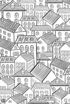 a black and white cityscape with lots of houses in the sky, drawn by hand