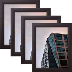 four framed photographs of buildings against a cloudy sky