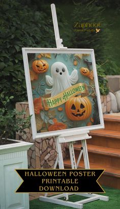 a halloween poster on an easel in front of some steps with pumpkins and jack - o'- lanterns