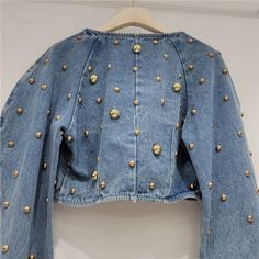 Spring Autumn Women Rivets Long Lantern Sleeve Denim Coat Short Pearls Beading Jeans Bomber Jacket Puff Sleeve Jacket, Shabby Chic Clothes, Athleisure Dress, Vegas Outfit, Modesty Fashion, Diy Fashion Clothing, Fashion Portfolio, Jeans Diy, Sleeve Jacket