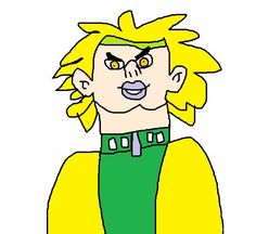 an image of a cartoon character with yellow hair and green shirt, looking at the camera