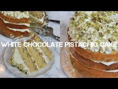 two pictures of a white chocolate pistachio cake