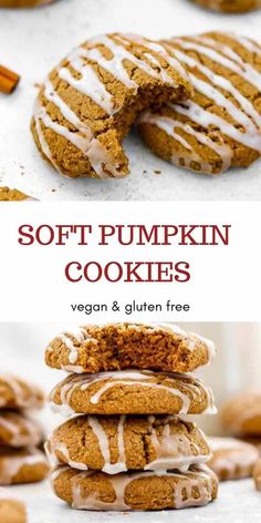 soft pumpkin cookies are stacked on top of each other