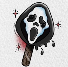 an ice cream popsicle with a ghost face on it's side and blood dripping from the top