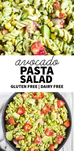 pasta salad with avocado and tomatoes in a black bowl on a white table