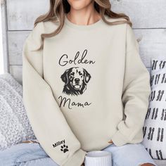 Embrace your love for your Golden Retriever with our cozy and stylish "Dog Mama" sweatshirt from Bella Canvas. This custom design by Magnolia Pet is perfect for every proud dog mom. Made from soft and durable fabric, this sweatshirt is perfect for casual outings, dog walks, or just lounging at home. Material: 52% Airlume combed and ring-spun cotton, 48% polyester Fit: Unisex sizing (true to size) Design: High-quality print featuring  Dog graphic  Care: Machine wash cold, tumble dry low Size Guid Golden Retriever Mom, Golden Labrador, Dog People, Dog Lover Shirt, Dog Mama, Mama Sweatshirt, Personalized Dog, Dog Walking, Dog Lover