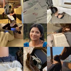 a collage of photos with people and animals in them, including a woman sitting on the floor next to a horse