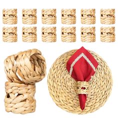 several pieces of woven straw with red cloth on top and eight smaller pieces of woven straw in the middle