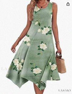 Lasaky - Elegant Sleeveless Irregular Hem Maxi Dress with Stylish Print Mode Prints, Maxi Sundress, Casual Tunics, Maxi Robes, Irregular Hem, Vestidos Vintage, Crewneck Dress, Maxi Dress Green, Vestido Casual