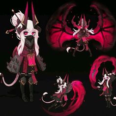 three different poses of an anime character with white hair and pink eyes, wearing dark clothing