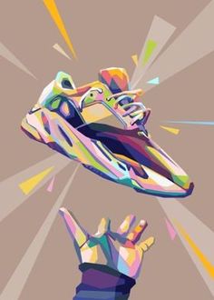 a pair of colorful sneakers flying through the air with their hands in front of them