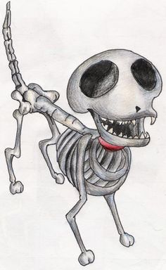 a drawing of a skeleton with a red collar on it's neck and arms