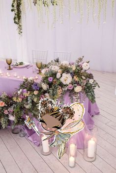 a decorated table with candles and flowers on the top is surrounded by purple linens