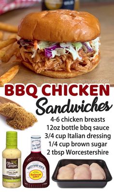 bbq chicken sandwiches with sauces and seasonings on the side, including two hotdog buns