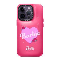 a pink phone case that says barbie on it with roses and hearts in the center