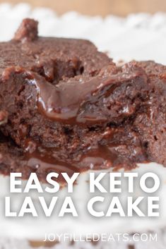 easy keto lava cake with chocolate frosting on top and text overlay that reads easy keto lava cake