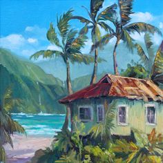 an oil painting of a house on the beach with palm trees and mountains in the background