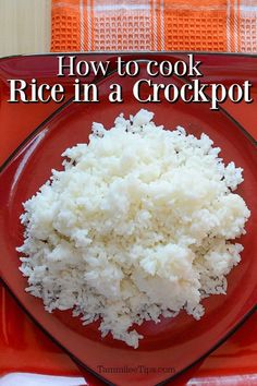 how to cook rice in a crockpot on a red plate with text overlay