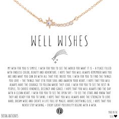 a necklace with the words, well wishes written on it and a star charm in gold