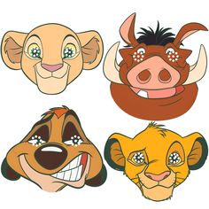 the lion king masks are shown in four different colors