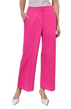 Staple pants in a classic wide-leg silhouette are crafted from a seasonless blend that stays neat and polished from desk to dinner. 29" inseam (size XS) Zip fly with hook-and-bar closure; back elastic waist Front slant pockets 78% polyester, 18% rayon, 4% spandex Hand wash, dry flat Imported Pink Straight Pants With Welt Pockets, Pink Straight Leg Office Pants, Pink Straight Dress Pants For Office, Classic Pink Pants For Spring, Elegant Pink Straight Leg Dress Pants, Pink Straight Pants For Office, Pink Ankle-length Office Pants, Chic Pink Dress Pants For Office, Pink Pants With Welt Pockets For Spring