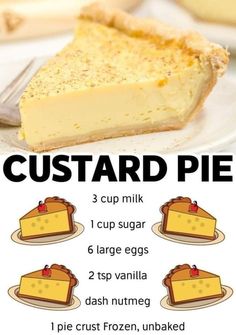 a piece of custard pie on a white plate with text overlay that says custard pie