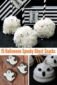 halloween spooky ghost snacks with black and white striped paper straws on them