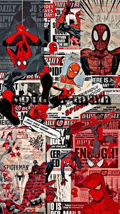 a collage of spider - man stickers is shown in red and black colors