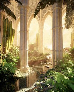 an artist's rendering of the interior of a building with arches and plants surrounding it