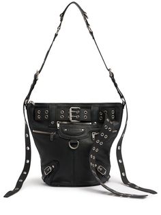 Height: 35cm Width: 27cm Depth: 19cm. Adjustable strap. Zip closure. Adjustable belt detail. Silver-colored metal hardware. Two front zip pockets Balenciaga Leather, Balenciaga Women, Ski Accessories, Fedex Express, Leather Bucket Bag, Leather Bucket, Sports Accessories, Flat Espadrilles, Swim Accessories