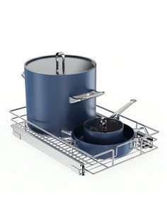 a blue pot and pan sitting on top of a metal rack