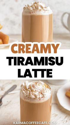 two glasses filled with creamy tiramsu latte on top of a table