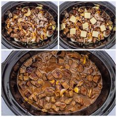 three pictures show the process of cooking food in an instant pressure cooker, including meat and potatoes