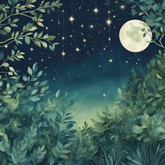 the night sky is full of stars and green leaves, while the moon shines brightly in the background