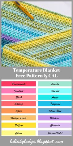 a crocheted blanket with the text, temperature blanket free pattern and calculator